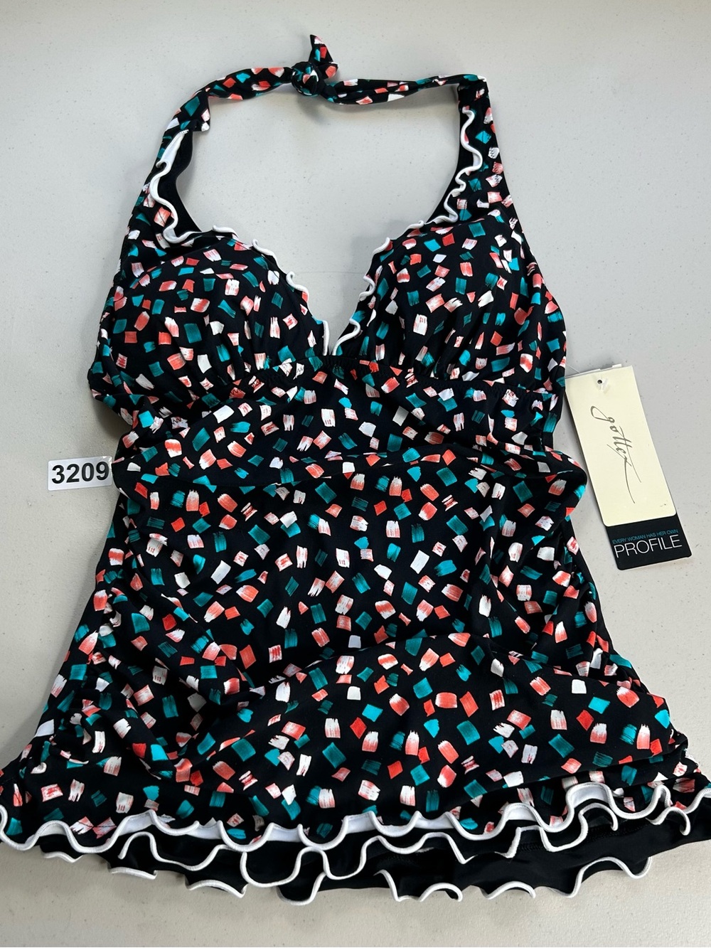 Profile By Gottex Tankini Top Black Multicolor V Neck Halter New Swimwear Size 8